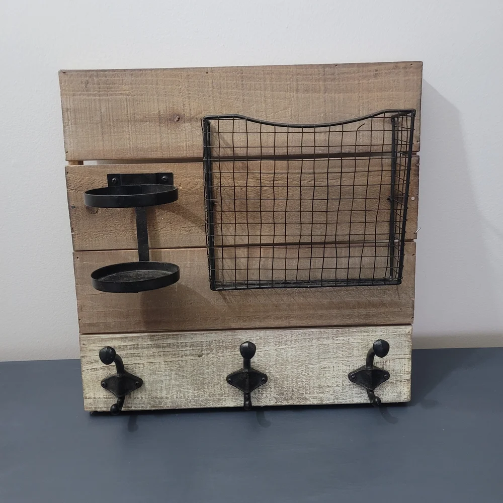 Rustic Wooden Wall Organizer with Black Accents - Picture 1 of 4
